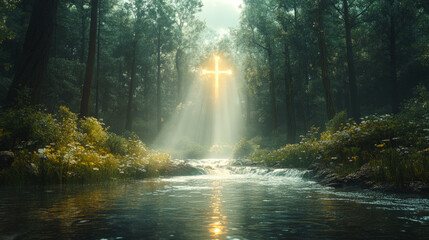Mystical forest scene with sunlight forming a glowing cross above a serene stream, symbolizing faith, peace, and spiritual connection with nature.
