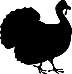 Wild turkey silhouette vector, turkey cock bird black outline, Thanksgiving turkey animal clipart, wildlife poultry, farm bird graphic illustration.