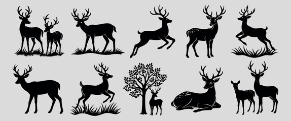 Deer vector silhouette Illustration bundle of 10 deer