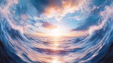 A powerful wave in the ocean with surreal energy pulsating under the natural sunlight creating a dreamlike and tranquil coastal scene
