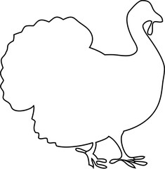 Wild turkey line vector, turkey cock bird black outline, Thanksgiving turkey animal clipart, wildlife poultry, farm bird graphic illustration.