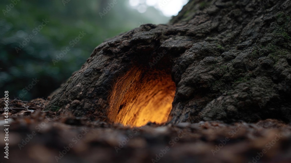 Poster close-up of a tree trunk with a small hole in it. the tree trunk is dark and weathered, with patches
