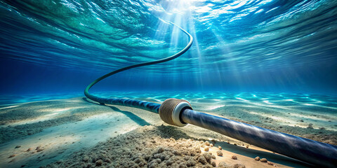 A long underwater cable winds across the sandy ocean bottom, illuminated by rays of sunlight filtering through the water. The serene scene showcases the ocean's depths