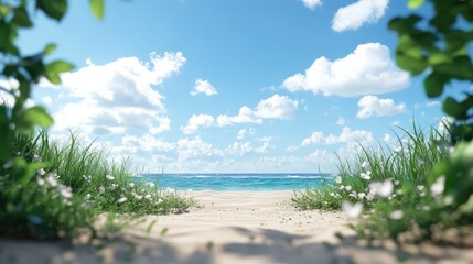 Beach scene sandy path to ocean with blue sky white clouds and green foliage nature scene