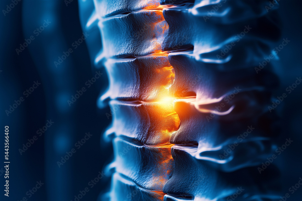 Poster blue and orange spine with a red line through it. the spine is broken and the red line is a fracture