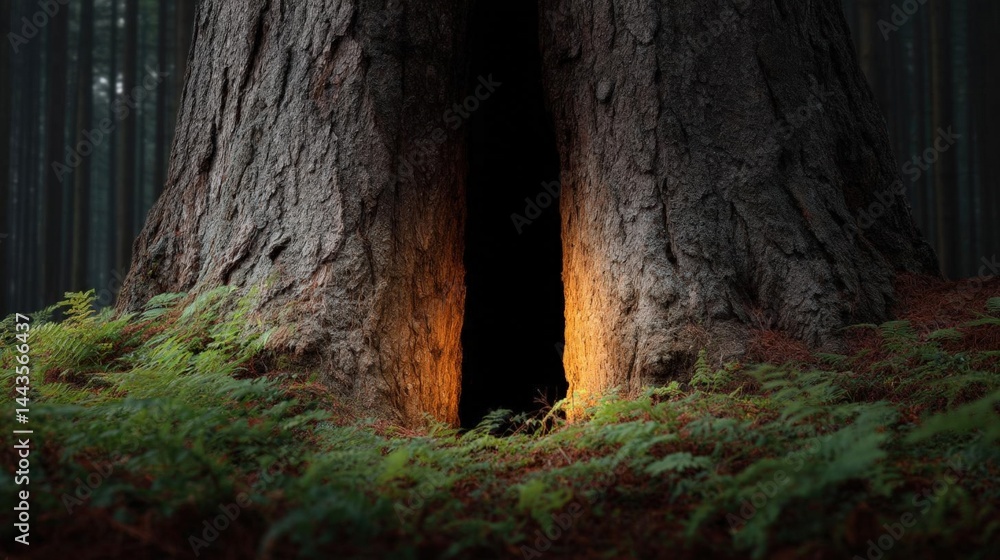 Poster two large tree trunks in a forest. the trunks are dark and weathered, with deep grooves and rough ba