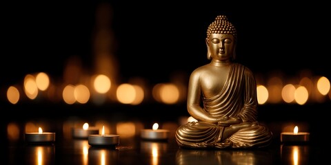 Serene Golden Buddha Statue in Lotus Position Meditation and Mindfulness Spiritual Awakening Inner Peace Tranquility Religious Icon Eastern Philosophy Enlightenment Symbol

