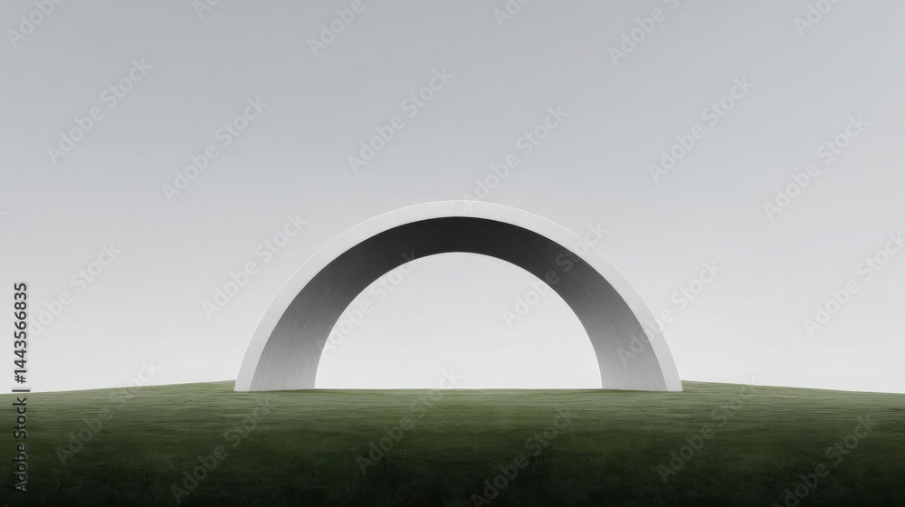 Poster large, white arch-shaped structure on a grassy hill. the arch appears to be made of a smooth, curved