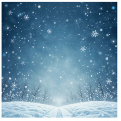 Magical winter scene with softly falling snowflakes over a snowy hill, flanked by bare trees and illuminated by a dreamy blue night sky filled with sparkling flakes.