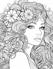 Intricate floral hair woman portrait for adult coloring books, mindfulness therapy, creative education, anti-stress materials, stationery design, and personal development illustrations