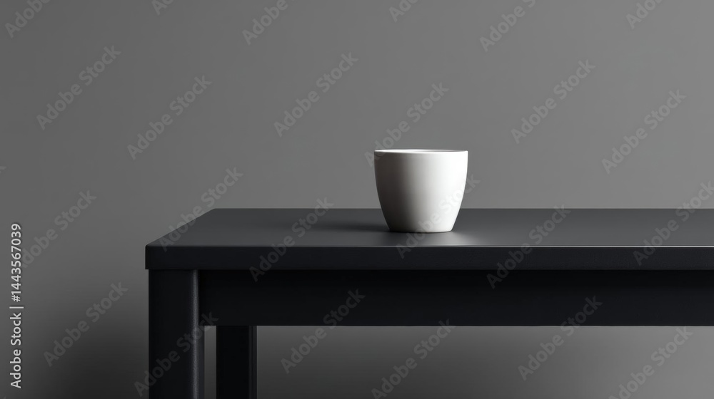 Poster black wooden table with a white ceramic cup on top. the table is rectangular in shape and has a smoo