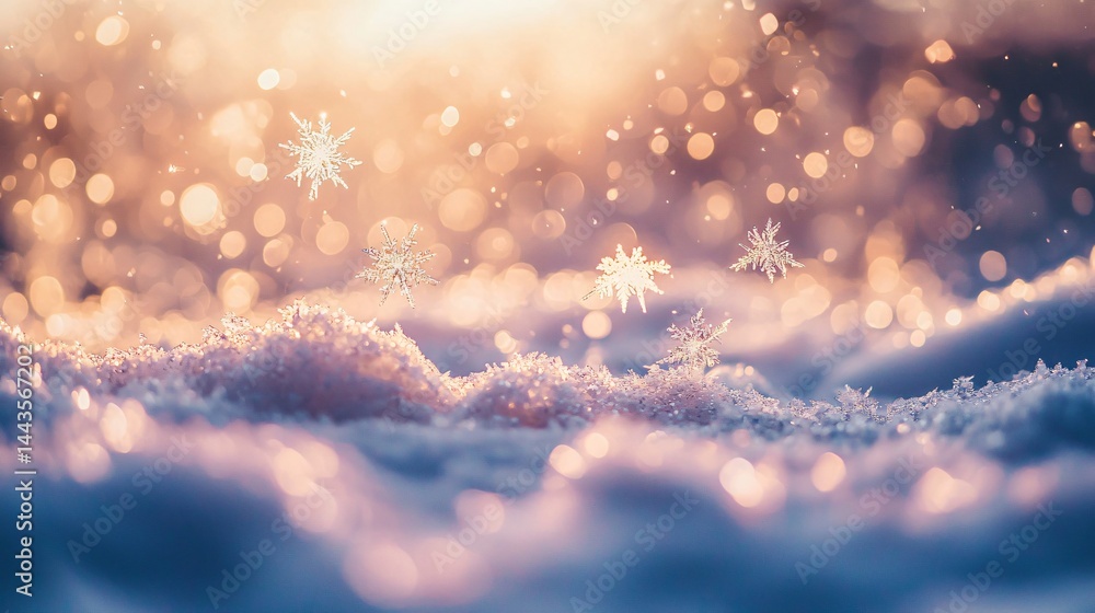 Poster snowflakes gently nestled on a layer of fresh snow creating a beautiful winter scene full of tranqui
