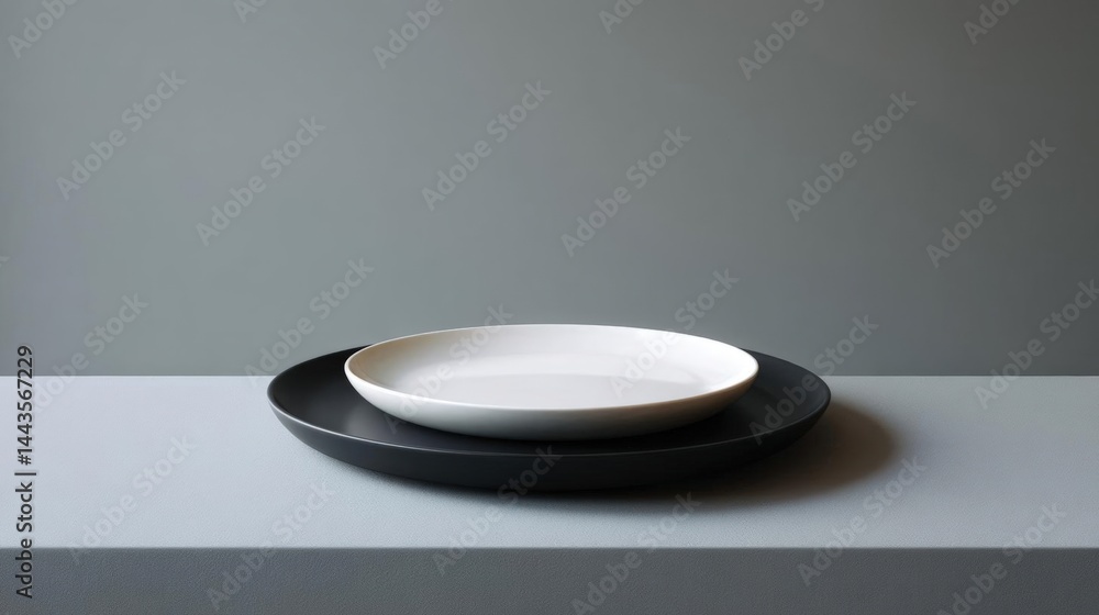 Poster white plate with a black rim on a grey surface. the plate is empty and is placed in the center of th