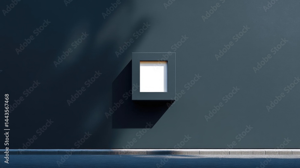 Poster dark blue wall with a small square window in the center. the window is rectangular in shape and has 