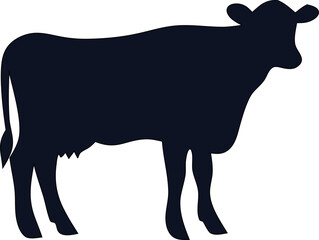 cow black silhouette icon is in a standing-side view of a farm animal vector, cattle shape isolated on white, and livestock clipart for agriculture, dairy, meat, nature, or rural design projects."