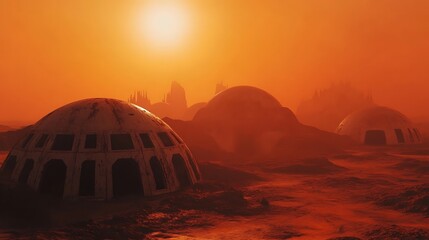 Obraz premium Advanced Mars settlement with domes and cutting edge technology in red desert picture