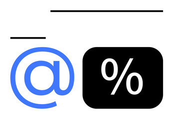 Blue at sign and black percentage motif in geometric minimal style. Ideal for email, communication, technology, finance, statistics, branding, marketing. Flat simple metaphor