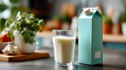 Milk Carton and Glass of Milk &ndash; Kitchen Table Mockup

