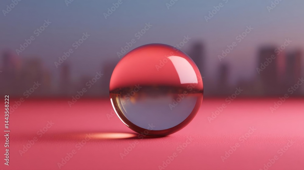 Aufkleber 3d rendering of a sphere on a pink surface. the sphere is spherical and appears to be made of glass 