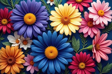 Fototapeta premium Bold, stylized daisy chain print on vibrant silk, bright floral, design