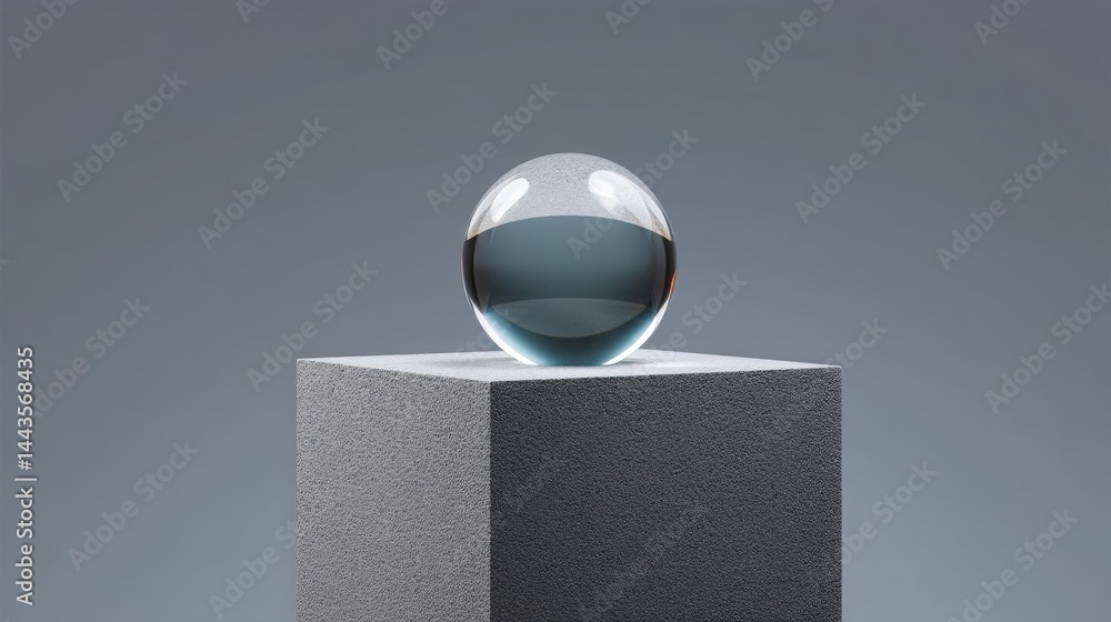 Aufkleber spherical object, which appears to be a glass sphere, placed on top of a grey cube. the sphere is sp