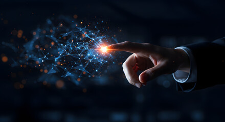 Hand Touching Glowing Digital Plexus with Blue and Orange Particles on Dark Background