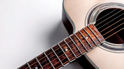 Obraz premium Acoustic guitar close-up showcasing strings and fretboard detail
