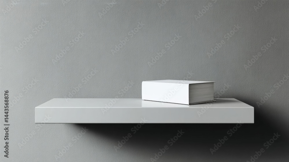 Poster white rectangular shelf attached to a gray wall. on the shelf, there is a stack of books neatly arra