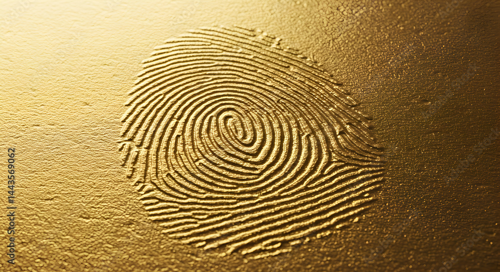 Poster macro shot of golden fingerprint for identification security access in details