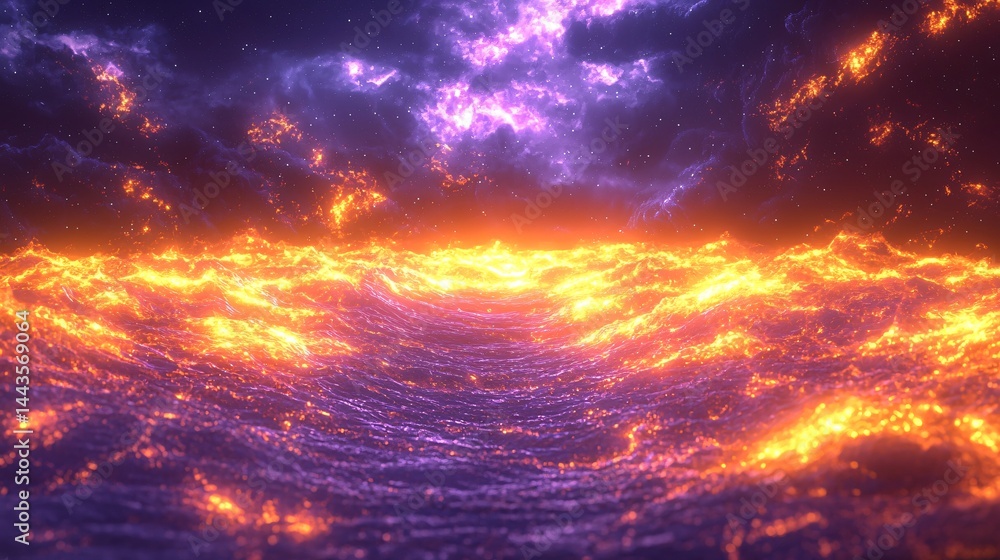 Poster dramatic fire and water waves colliding in a stunning display of light creating celestial energy fie