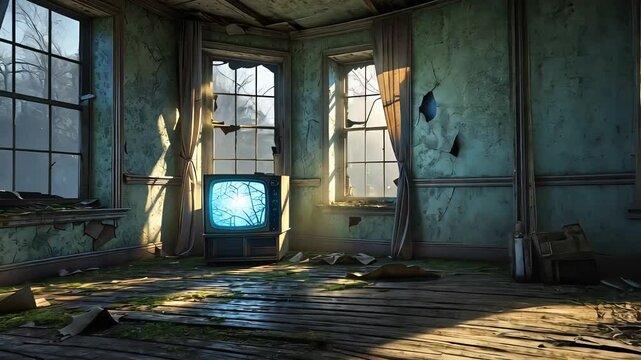 Abandoned room with broken television and peeling paint in decaying building