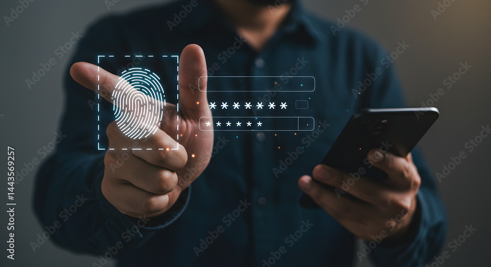 Aufkleber man holding phone with fingerprint scan authentication security system in dark blue shirt