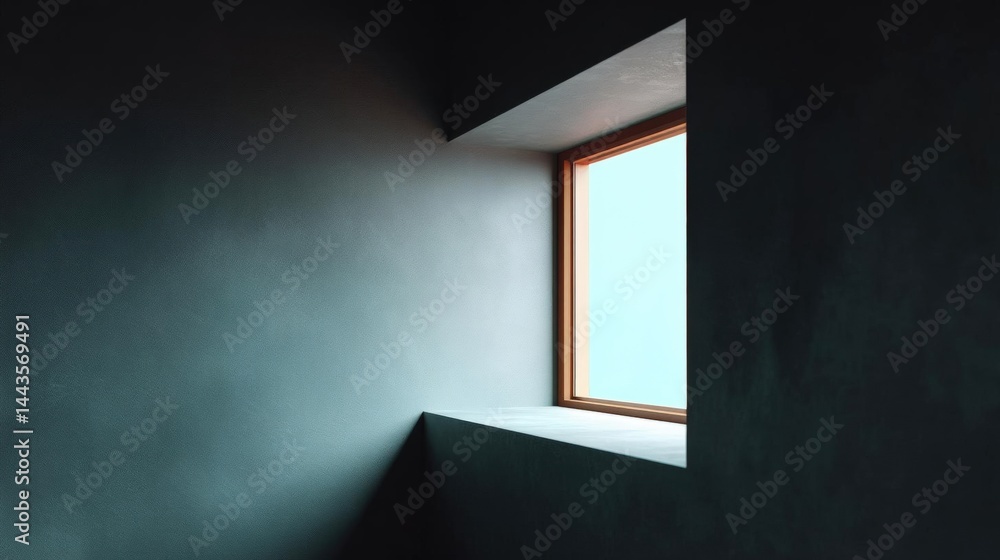 Poster corner of a room with a window. the wall is painted in a dark grey color and the window is made of w