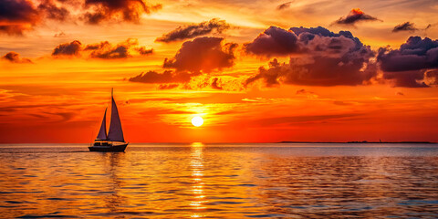 A sailboat glides smoothly across serene waters during sunset, surrounded by colorful skies filled with orange and purple hues. The sun sets on the horizon, casting golden reflections