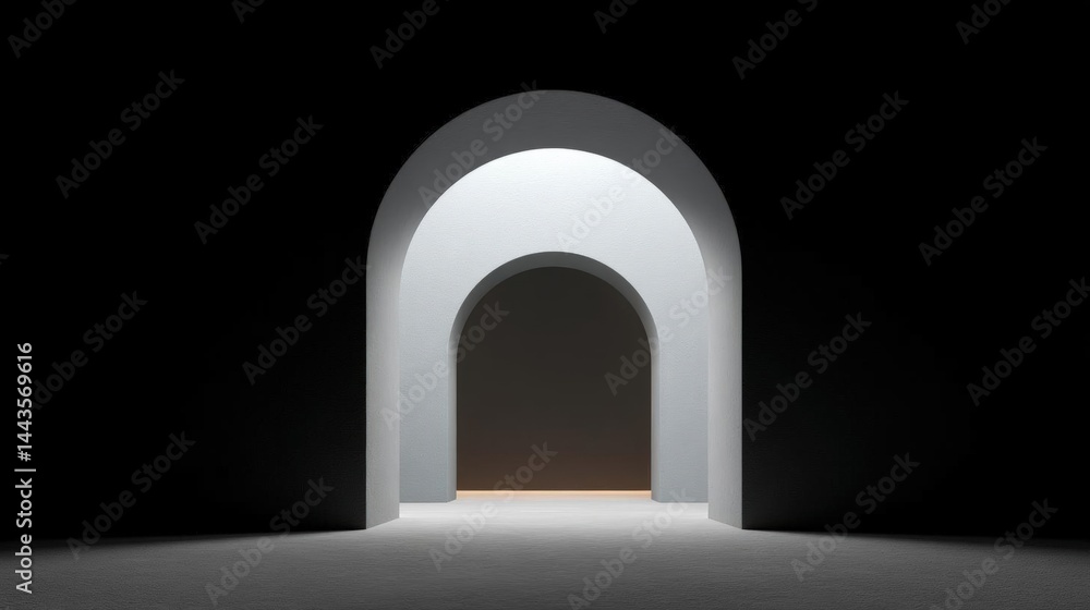 Poster empty room with a large archway in the center. the archway is made of white stone and is arching tow