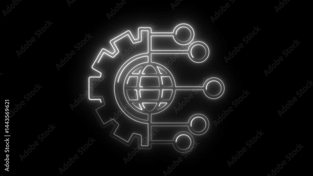Poster neon global network machine with connected nodes on black background