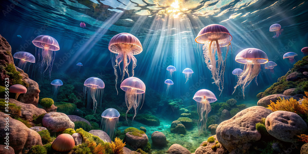 Poster a mesmerizing display of translucent jellyfish gracefully floating through clear blue water, illumin