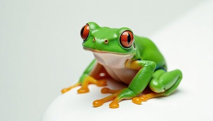 Obraz premium Green tree frog, perched on white, vibrant skin, green frog, white, wildlife