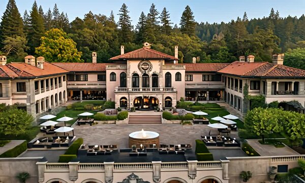 Stately mansion with terracotta roof, courtyard, and surrounding greenery