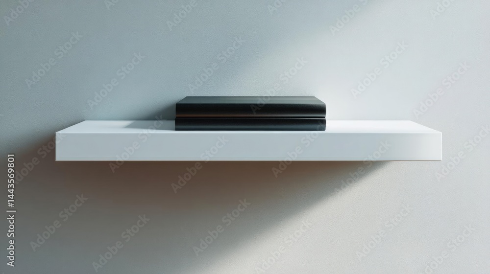 Poster white floating shelf attached to a light grey wall. on the shelf, there is a black rectangular objec