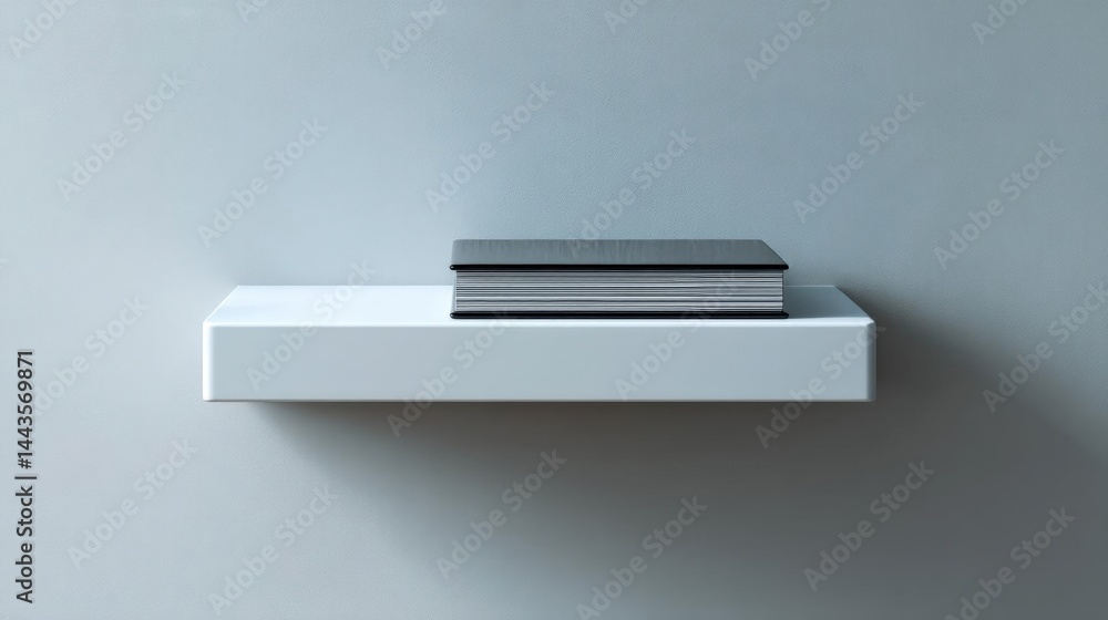 Poster white floating shelf attached to a light grey wall. on the shelf, there is a stack of books neatly a