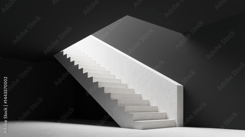 Poster 3d rendering of a staircase in an empty room. the staircase is made of white concrete and is in the 