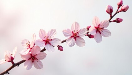 Obraz premium Intricate sakura branch pattern, showcasing individual blossoms and buds against a light background , japanese, sakura, photography