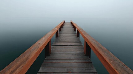 Long wooden pier extending into the water. the pier is made of dark wood and has a wooden railing on both sides. the water is calm and still, reflecting the sky above.
