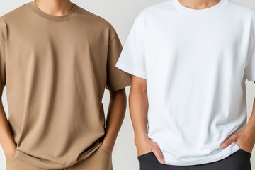 Blank tee shirt mockup displaying two shirts with hands in pockets