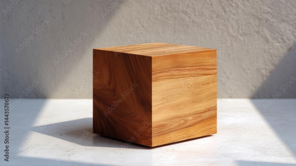 Poster small wooden cube on a white surface. the cube is square in shape and appears to be made of a light-