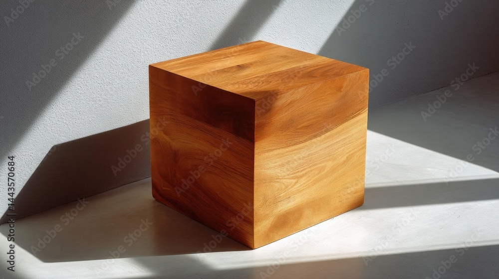 Poster wooden cube sitting on a white surface. the cube is square in shape and appears to be made of a ligh