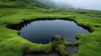 Naklejka premium Small clear water pool surrounded by vibrant green moss in a misty mountain landscape.