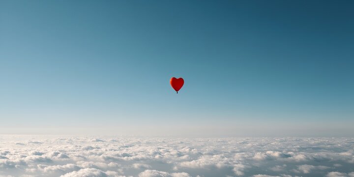 Crimson Heart Balloon Ascending White Clouds Love Soaring Skyward Romantic Gesture Floating Affectionate Symbol Dreamy Escape Hopeful Journey Heartfelt Sentiment
