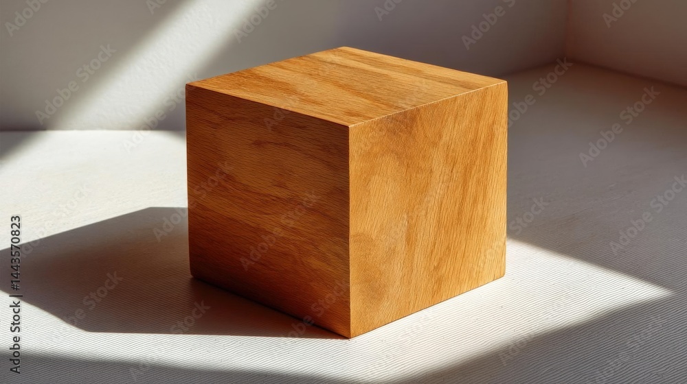 Poster photograph of a wooden cube. the cube is square in shape and appears to be made of a light-colored w